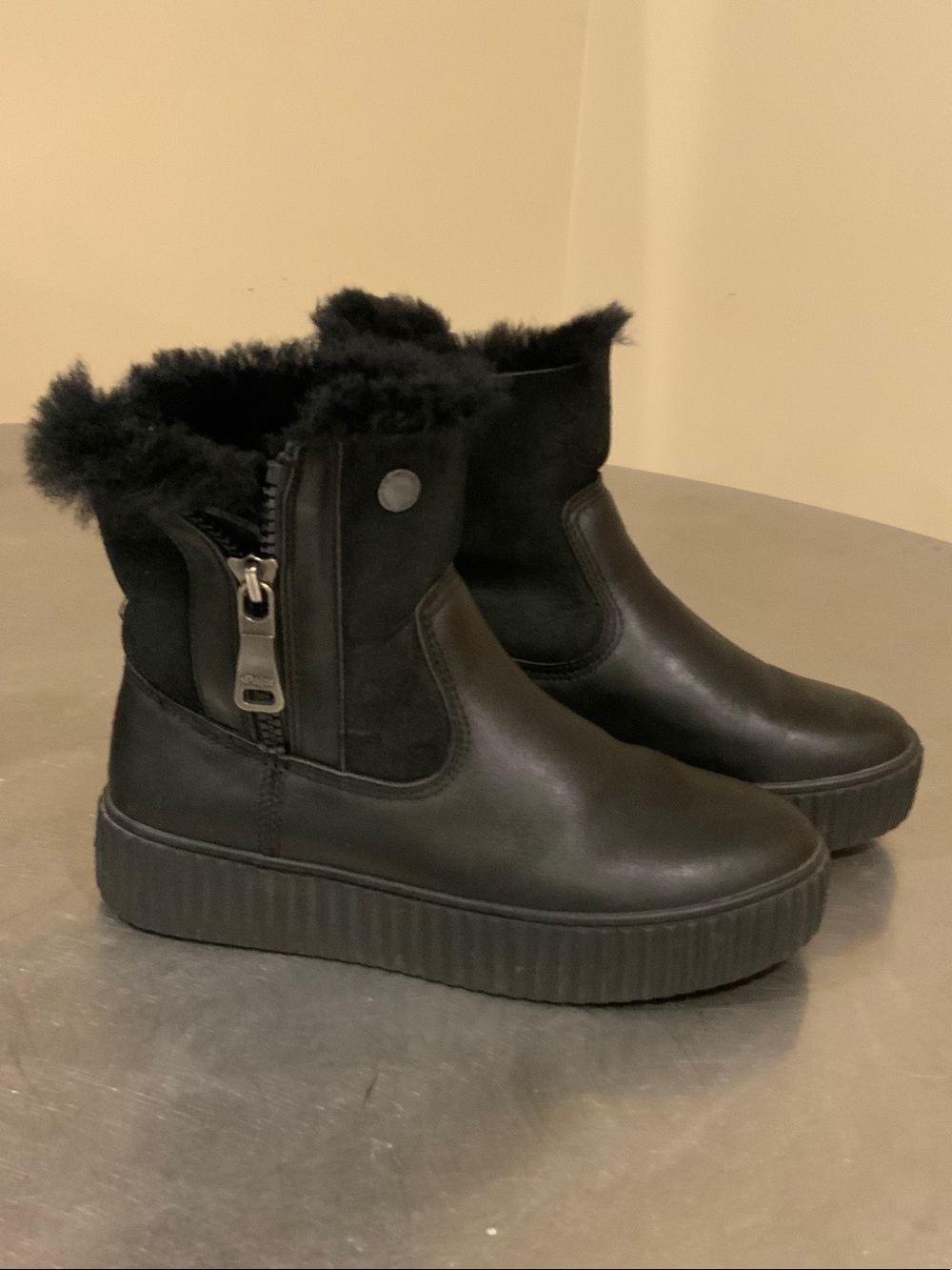 Pajar Black Fur-Trim Platform Ankle Boots with Side Zip